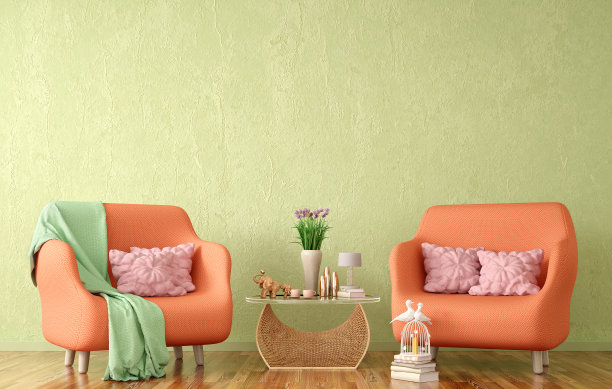 现代客厅室内设计两张扶手椅，茶几配书，3d效果图图片下载