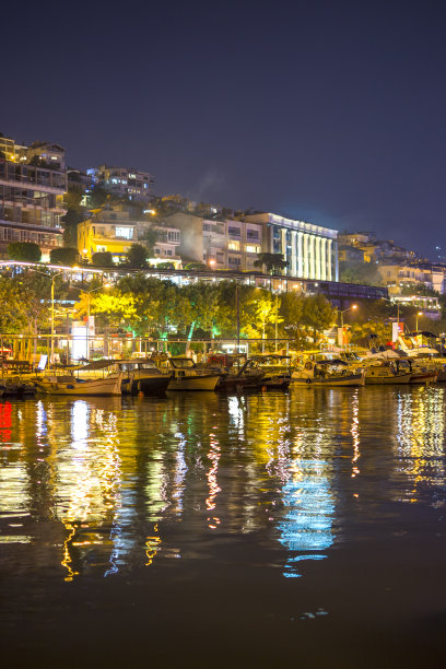 五颜六色的城市夜灯映在模糊的水面上图片下载