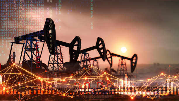 夕阳下油田的油泵、石油工业设备、钻井井架剪影以及股市上涨的图表。能源供应危机，电力供应，能源危机。三维渲染图片下载
