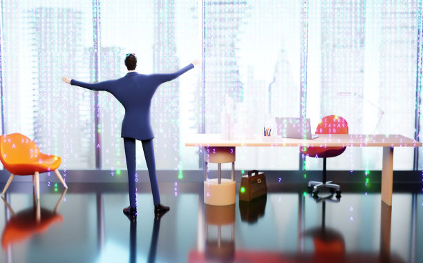 成功的商人从办公室的窗户看城市。未来规划，新创业，投资策略，风险和控制概念。3 d渲染图图片下载
