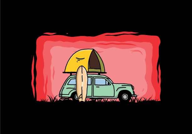 一辆有屋顶帐篷和冲浪板的车图片下载