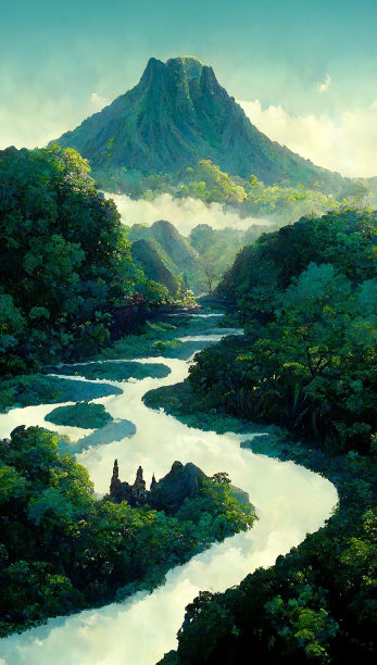 火山和河流概念艺术图片下载