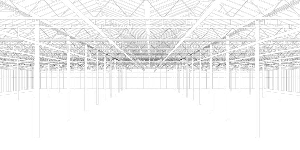 白色背景上的黑色线条勾勒出一个大型空机库的轮廓。矢量插图。图片下载