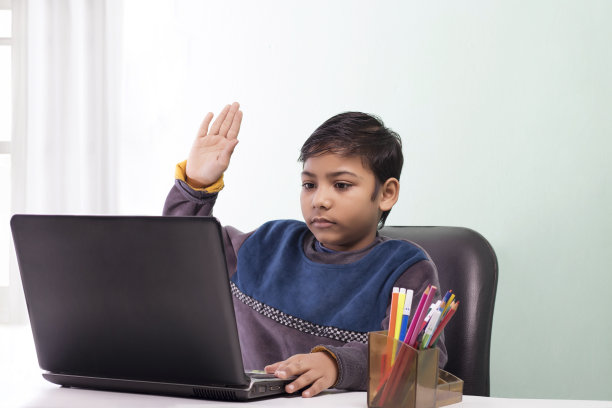 男孩在家中学习时使用笔记本电脑并在视频通话中挥手图片下载