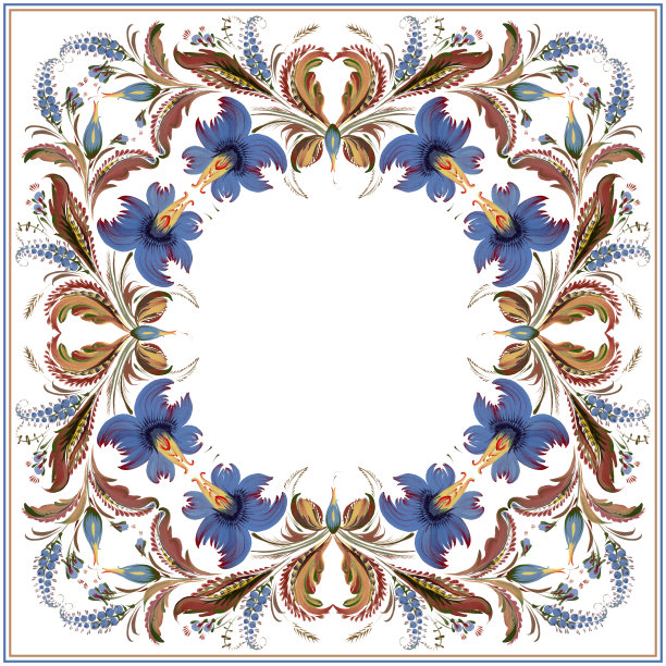 蜡染花卉图案在乌克兰民间绘画风格Petrykivka用于披肩、地毯、大手帕、瓷砖、贺卡框、婚礼邀请卡边框上由花朵、树叶、树枝孤立在白色背景上图片下载