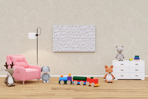 儿童游戏室有毛绒玩具动物。3 d渲染插图。图片下载