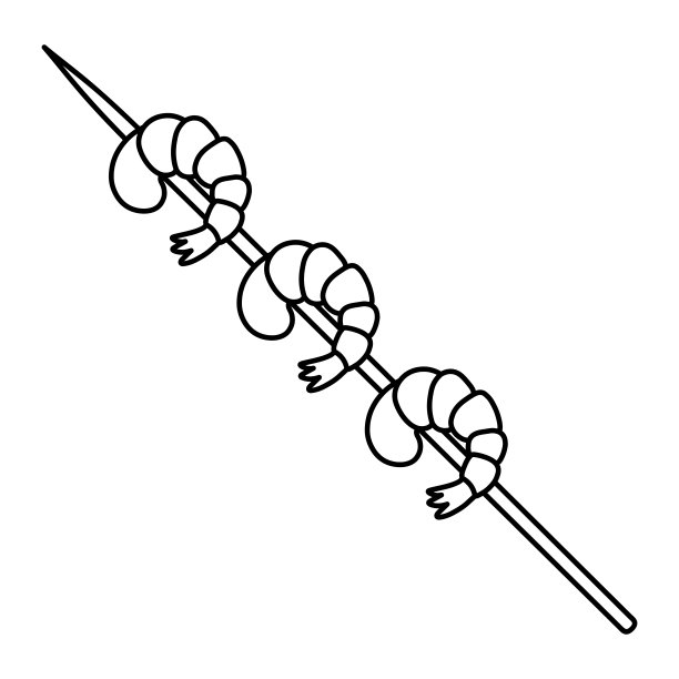 用竹签串虾。海鲜烧烤。草图。矢量插图。儿童涂色书。虾的尾巴。孤立背景轮廓图片下载
