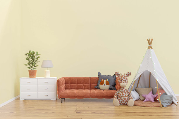 儿童游戏室有毛绒玩具动物和玩帐篷。3 d渲染插图。图片下载