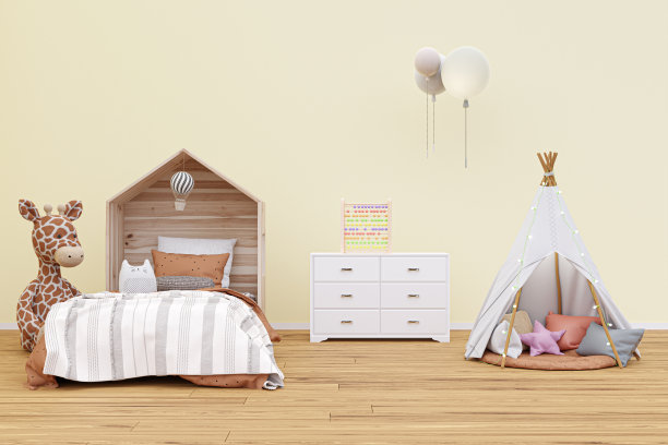 孩子的卧室里有毛绒玩具动物和玩帐篷。3 d渲染插图。图片下载