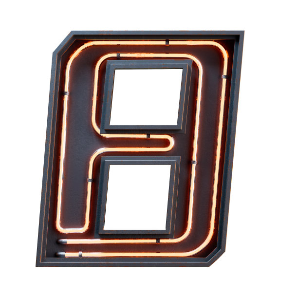 3D插图橙色霓虹灯数字字符字体。霓虹灯管数橙色辉光效果在黑色金属盒。3d渲染孤立的白色背景。图片下载