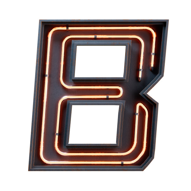 3D插图的橙色霓虹灯字母字符大写字母。霓虹灯管大写字母橙色辉光效果在黑色金属盒。3d渲染孤立的白色背景。图片下载