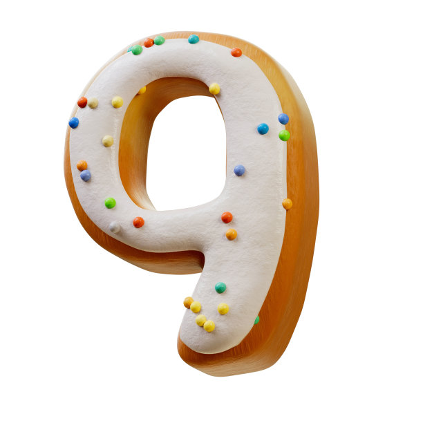 白色奶油甜甜圈字体字母数字与美味的装饰在奶油顶部。收集甜蜜辉煌的3D插图数字为您的文字，排版，按摩。图片下载