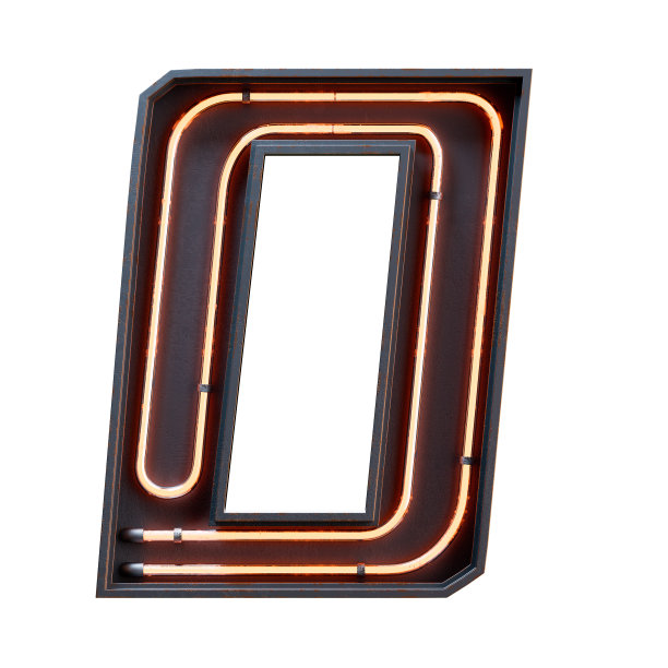 3D插图橙色霓虹灯数字字符字体。霓虹灯管数橙色辉光效果在黑色金属盒。3d渲染孤立的白色背景。图片下载