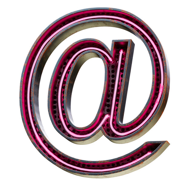 3D插图的粉红色霓虹灯标志字体。霓虹灯管标志字体粉红色辉光效果在黑色生锈的金属盒。3d渲染孤立的白色背景。图片下载