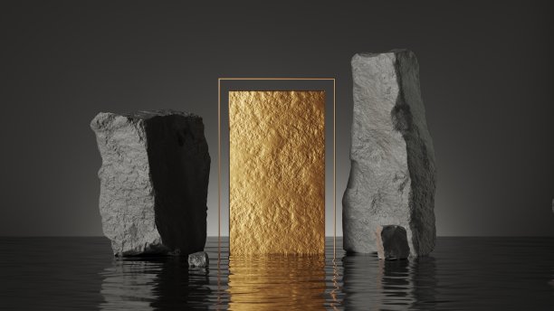3d渲染，抽象背景与金色面板和框架，黑色破碎的岩石鹅卵石废墟站在水中与反射。产品展示现场图片下载