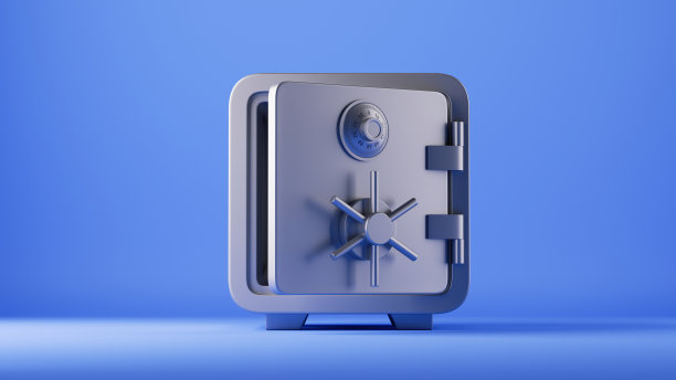 3d渲染，银行存款保险箱与打开的门，隔离在蓝色背景图片下载