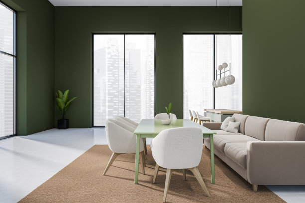 厨房内部设有休息区和带座位的酒吧岛，全景窗图片下载