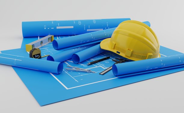 与设备建筑师在图纸上画模型房。三维渲染图片下载