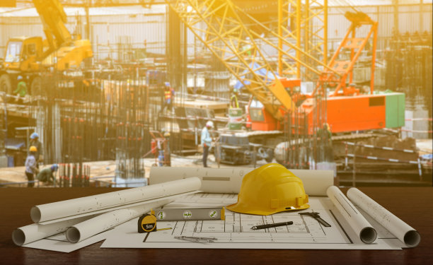 蓝图与工具和建设背景下的建筑。三维渲染图片下载