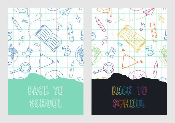 一套回学校横幅与手绘涂鸦背景。横幅设计与地方的文字。图片下载