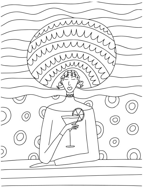 手绘着色页与非洲妇女与鸡尾酒图片下载