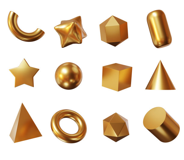 3d集黄金形状:正方形，圆柱体，球体，金字塔，环面，星，锥，冰球。金属简单的数字为您的设计白色孤立的背景。3 d渲染插图。图片下载