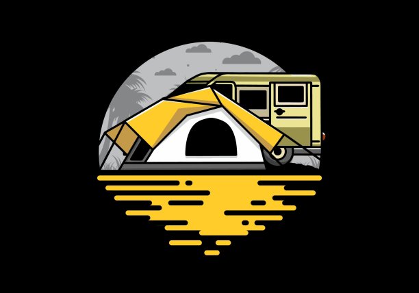 面包车和露营帐篷插画设计图片下载