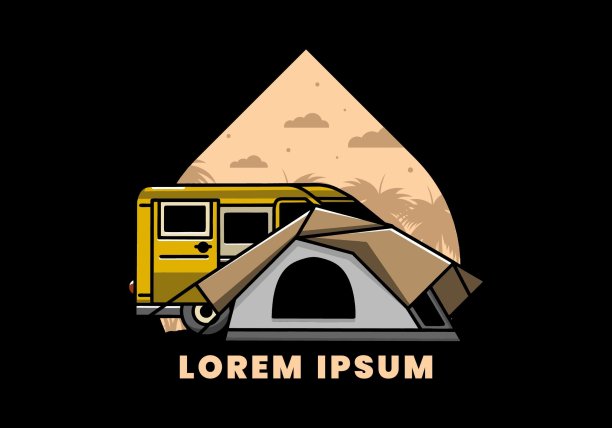 面包车和露营帐篷插画设计图片下载