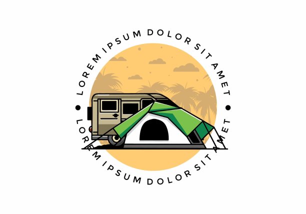 面包车和露营帐篷插画设计图片下载