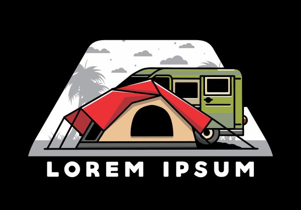 面包车和露营帐篷插画设计图片下载