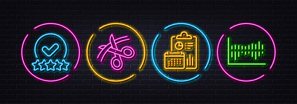 报告，评级星和剪刀最小线图标。对于网页应用，打印。氖激光3d灯。向量图片下载