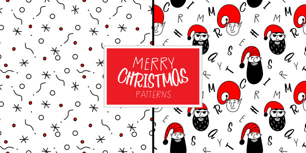 圣诞快乐一套无缝模式与头精灵和圣诞老人。圣诞黑色和红色矢量插图在涂鸦艺术风格。时髦的手绘图标。图片下载