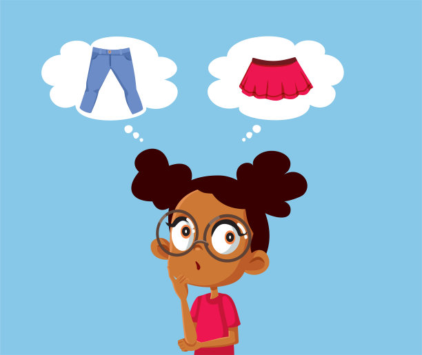 女孩选择裤子和裙子之间的时尚项目向量卡通图片下载