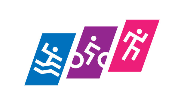 优质铁人三项标志类型设计模板。游泳、跑步和自行车的标志组合。运动的象征。图片下载