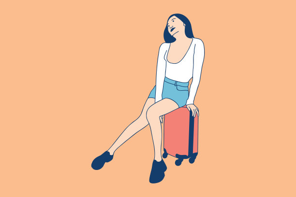 插图美丽的女孩坐在旅行箱上图片下载