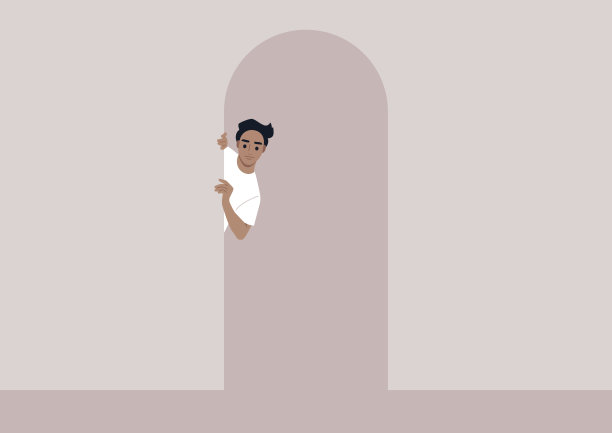 一个年轻的白人男性从门口往外偷看，从走廊的角度看图片下载