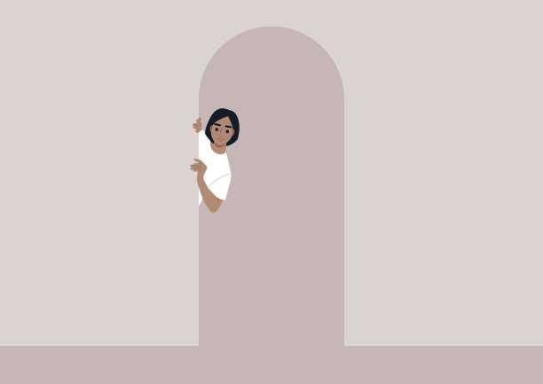 一个年轻的白人女性从门口向外张望，从走廊的角度看图片下载