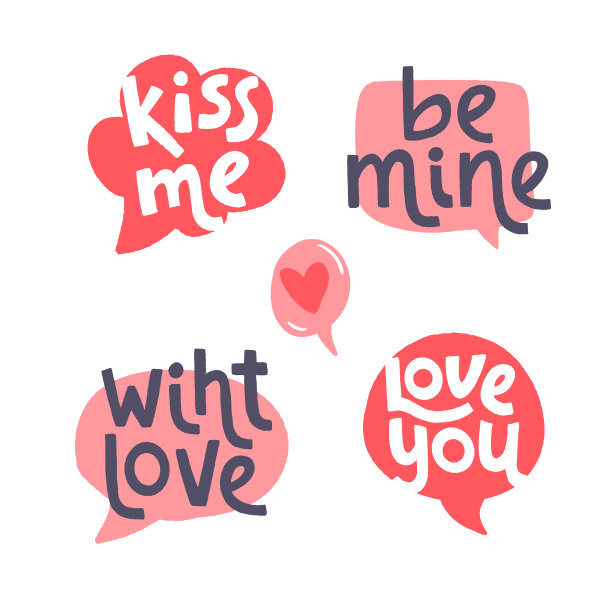 婚礼和情人节的短语，引用和祝愿在讲话气泡和手绘贴纸。图片下载