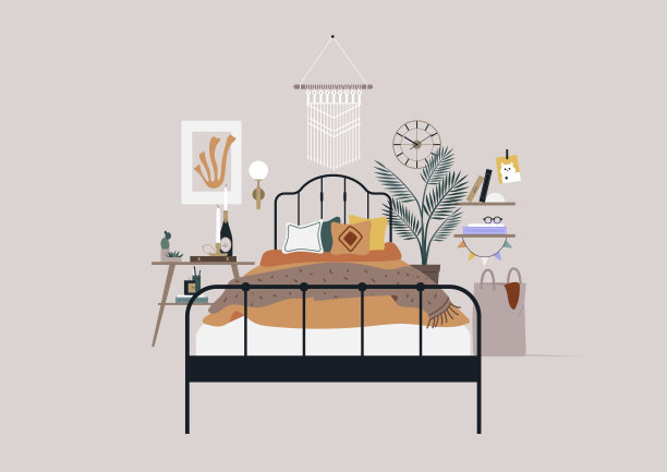 一间装饰有室内植物、毯子、枕头、书籍、蜡烛和其他家居装饰的波西米亚风格的卧室图片下载