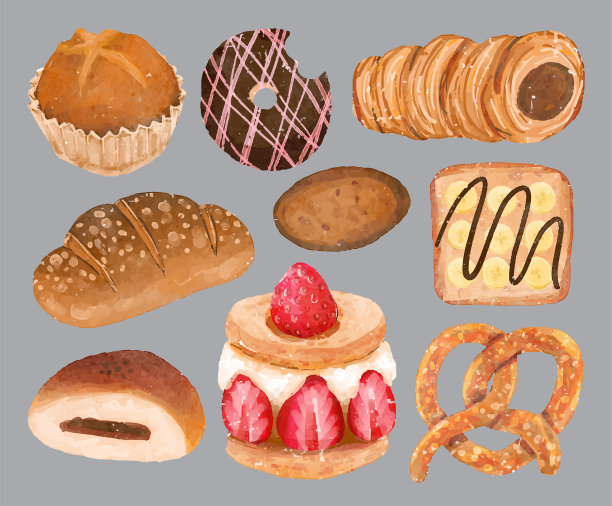 美丽的水彩面包店与面包和甜点矢量插图。图片下载