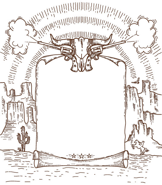 以西方纸张为背景的文字。矢量牛仔狂野西部手绘涂鸦插画水牛头骨和枪在美国峡谷沙漠和牛仔图片下载