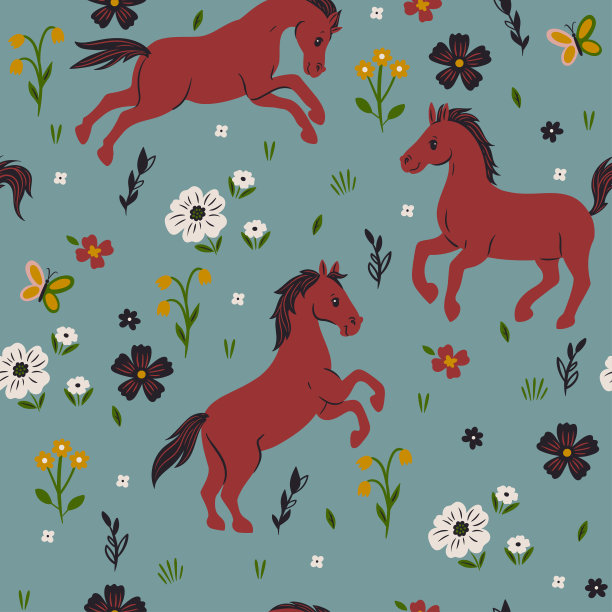 无缝图案的马和花。矢量图形。图片下载