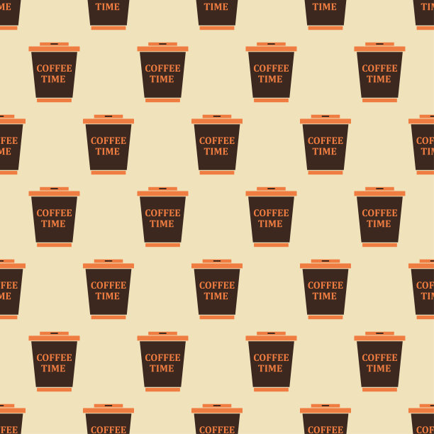 杯子咖啡的无缝图案在复古的颜色。Icon咖啡外带。概念外卖饮料，食物。喝咖啡的时间。复古设计的打印在包装纸，墙纸，织物。矢量图图片下载