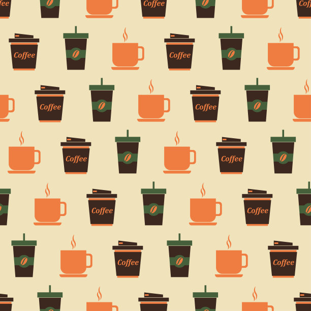 杯内咖啡无缝隙图案。不同类型的咖啡杯在复古的颜色。咖啡的背景。复古设计打印在包装纸，包装，墙纸，织物。平面设计中的矢量插图图片下载