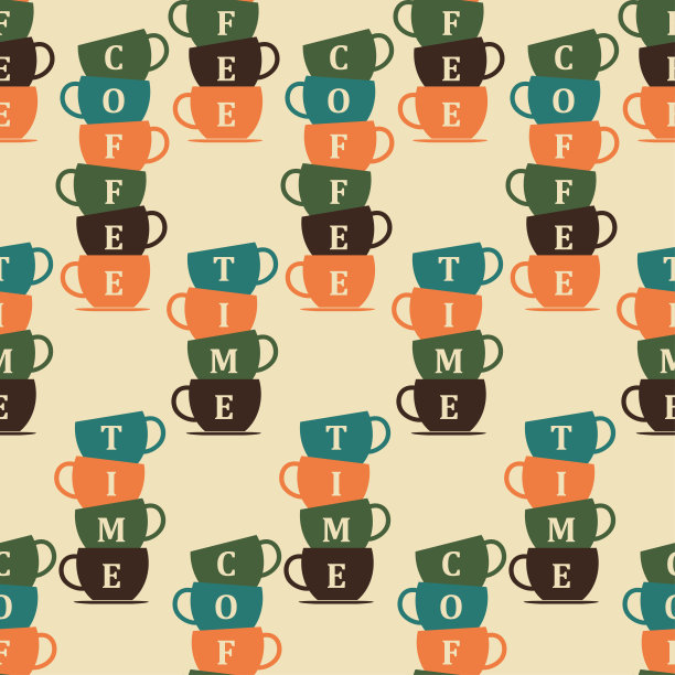 杯子咖啡的无缝图案在复古的颜色。咖啡的背景。喝咖啡的时间。复古设计打印在包装纸，包装，墙纸，织物。平面设计中的矢量插图图片下载