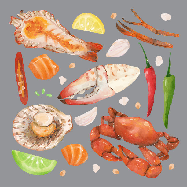 美丽的海鲜水彩矢量插图。派对烧烤海鲜图片下载