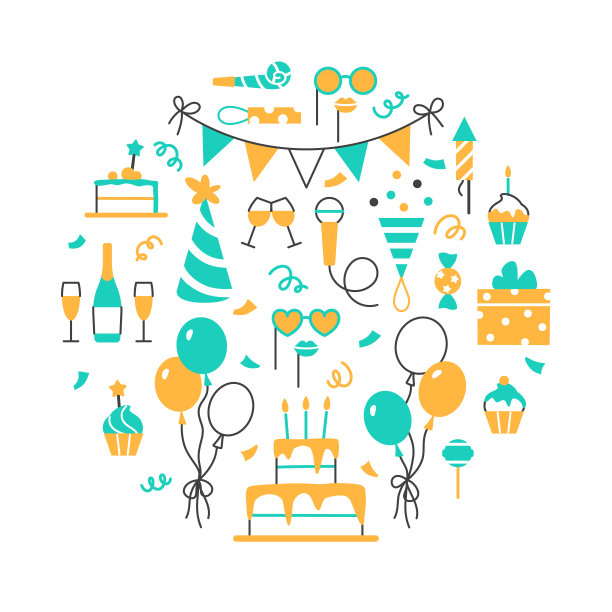 事件服务圈概念。白色背景的生日派对庆祝活动。贺卡邀请平面线假日设计。节日气球蛋糕松饼礼物香槟矢量插图。图片下载