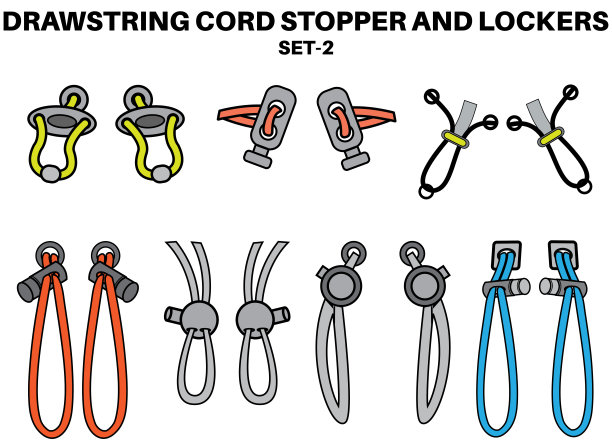 拉绳绳塞子平面素描矢量插图。套拉绳锁滑块切换扣件，包，背，夹克，短裤。塑料拉绳锁端拨动可拉或紧固图片下载