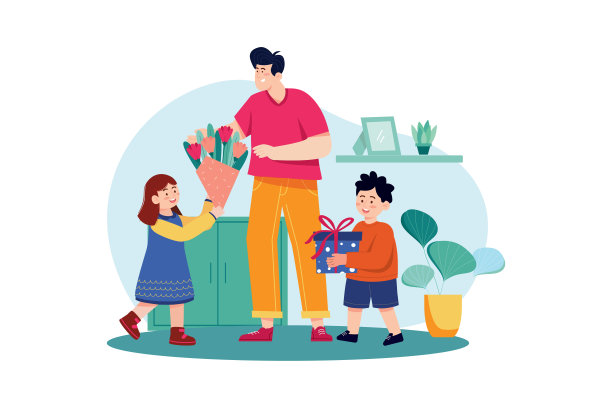 儿子和女儿在父亲节给父亲送礼物和鲜花图片下载