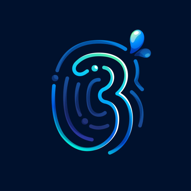 三号标志由指纹和纯水波纹和水滴制成。蓝色渐变线图标。图片下载